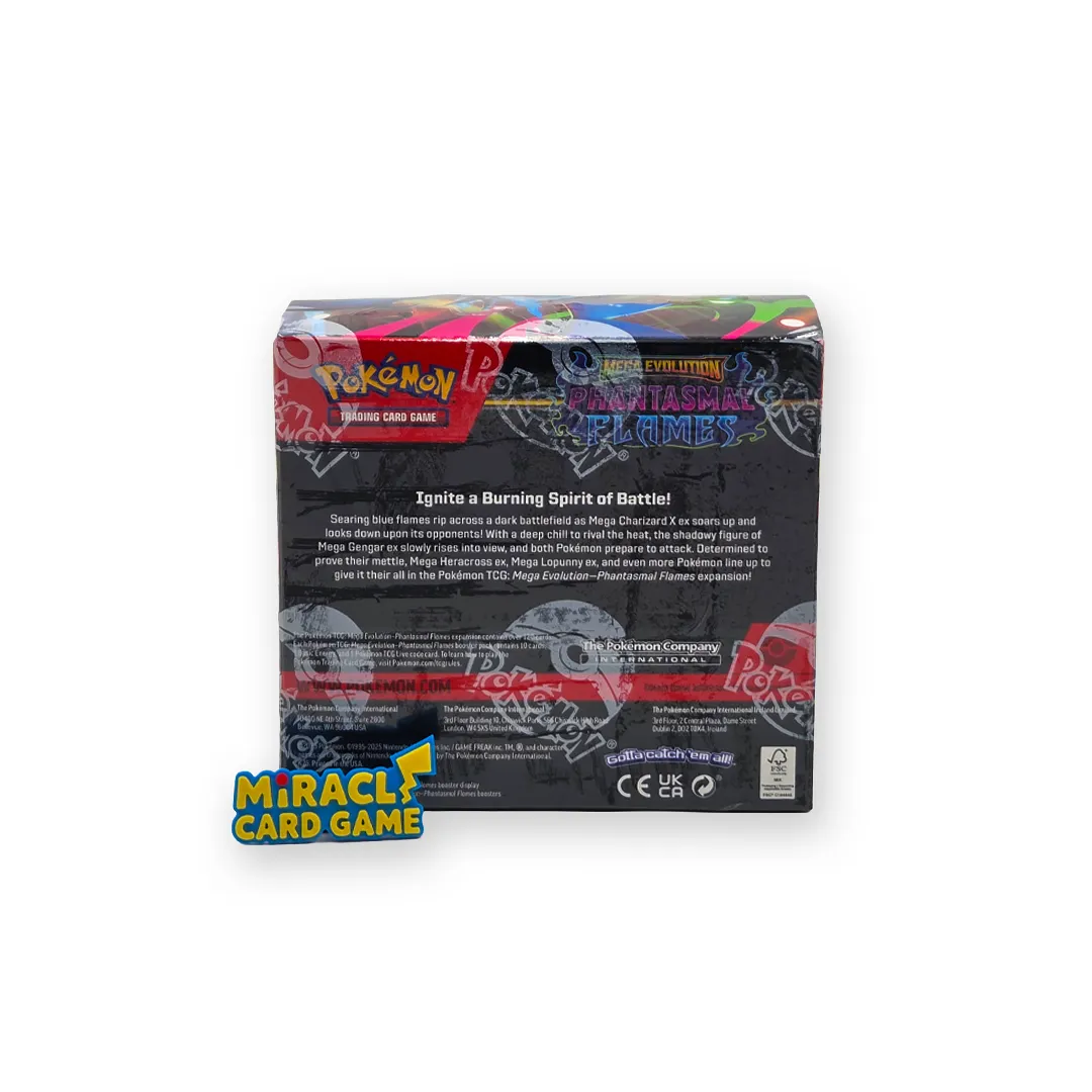 ด้านหลังกล่อง Pokemon TCG ME02 Phantasmal Flames Booster Box