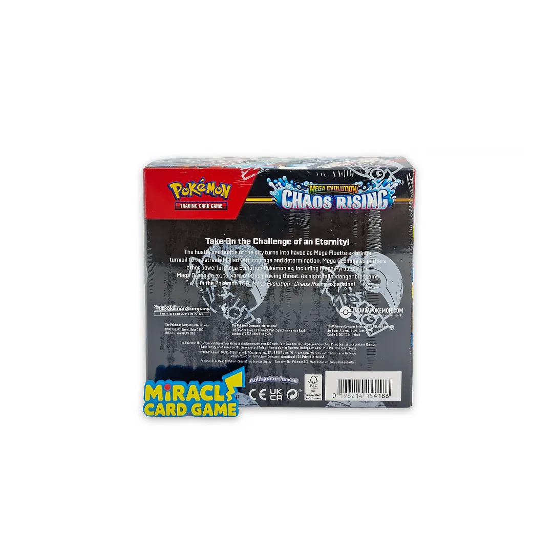 ด้านหลังกล่อง Pokémon TCG ME04 Chaos Rising Booster Box
